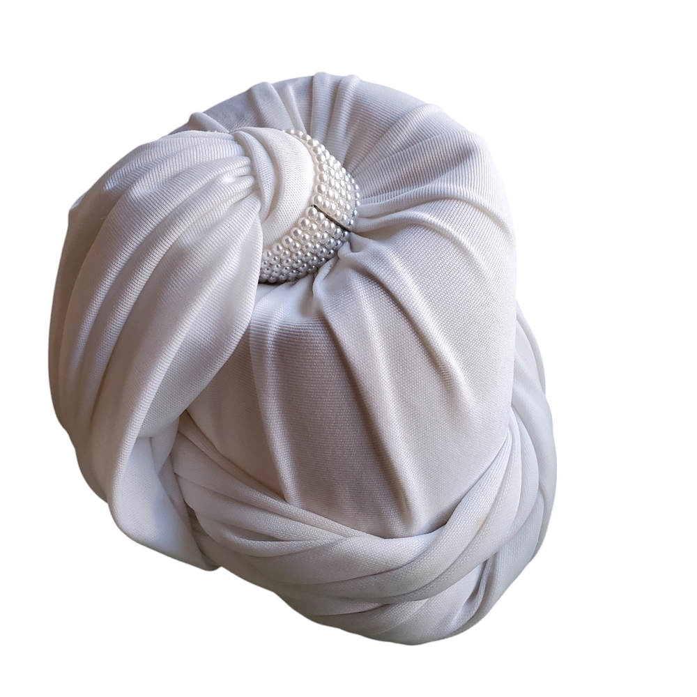 White Turban Hat with Pearl Band Church Hat  Wedding Baptism Cocktails‎ Vintage
